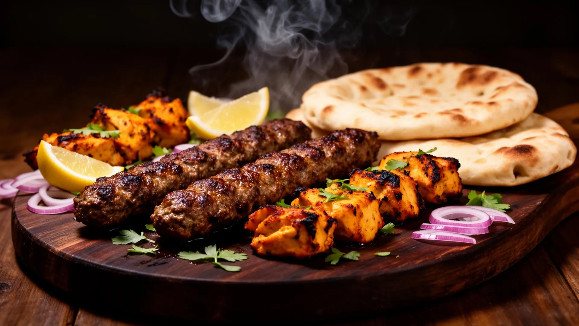 Sizzling Pakistani BBQ platter with seekh kabobs and naan